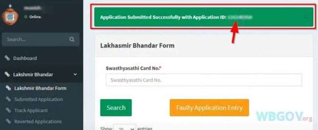 Application ID of Lakshmir Bhandar Scheme