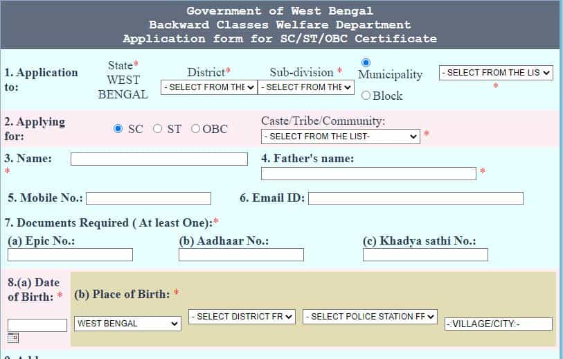 Caste Certificate Application Form Online